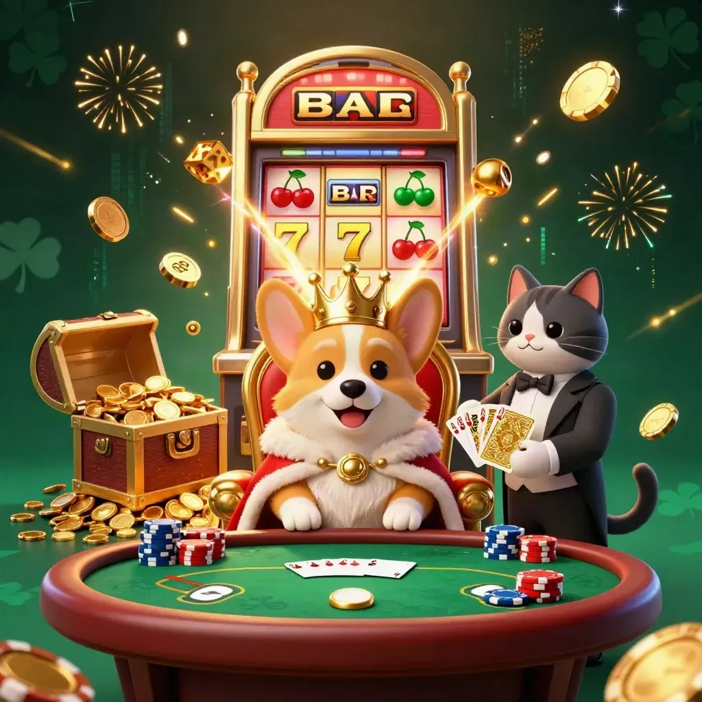 Royal corgi and cat butler amid exploding slot machine, gold coins, chips, fireworks, poker riches