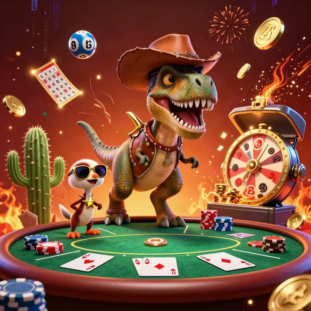 Cowboy T-Rex, cactus pal, and roadrunner amid gold coins, chips, fireworks, and casino props.