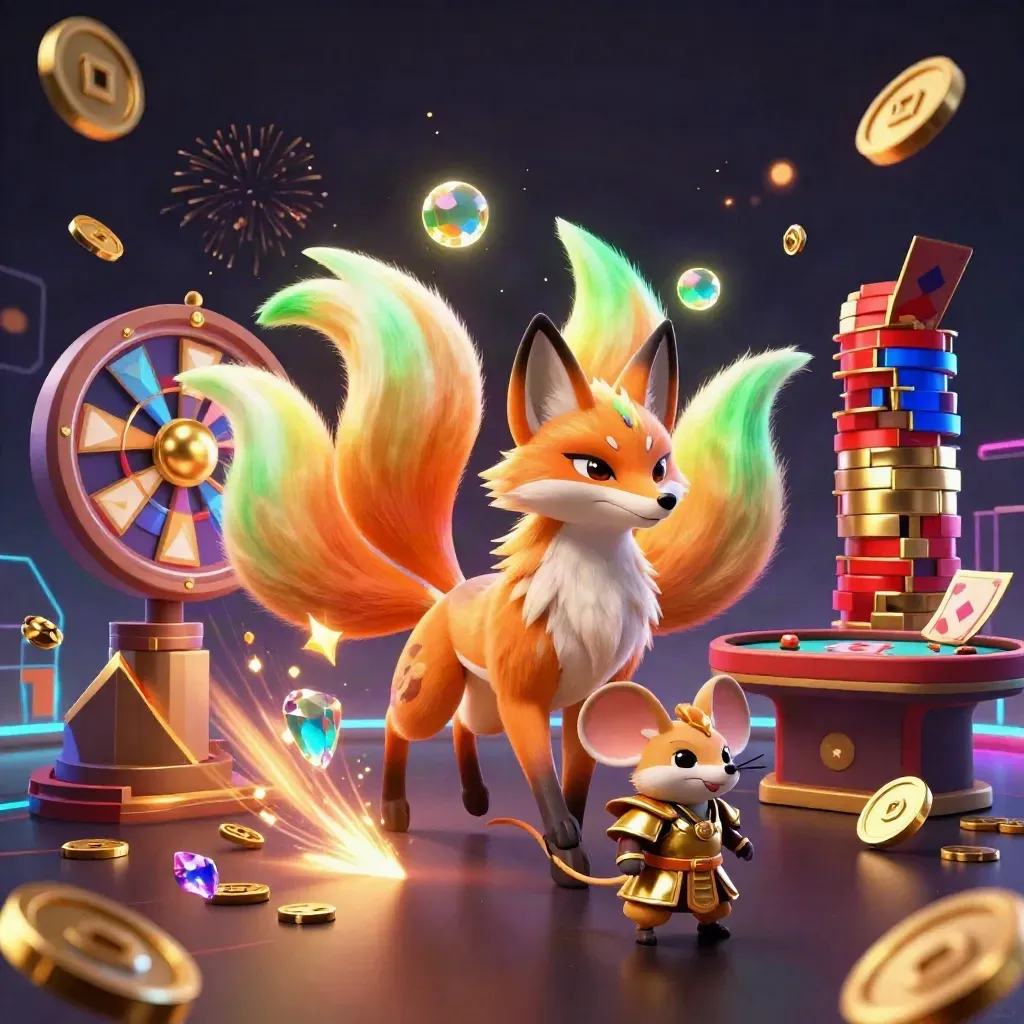 Neon fox spirit and armored mouse amid coins, cards, chips, roulette, and fireworks in a dark casino glow.