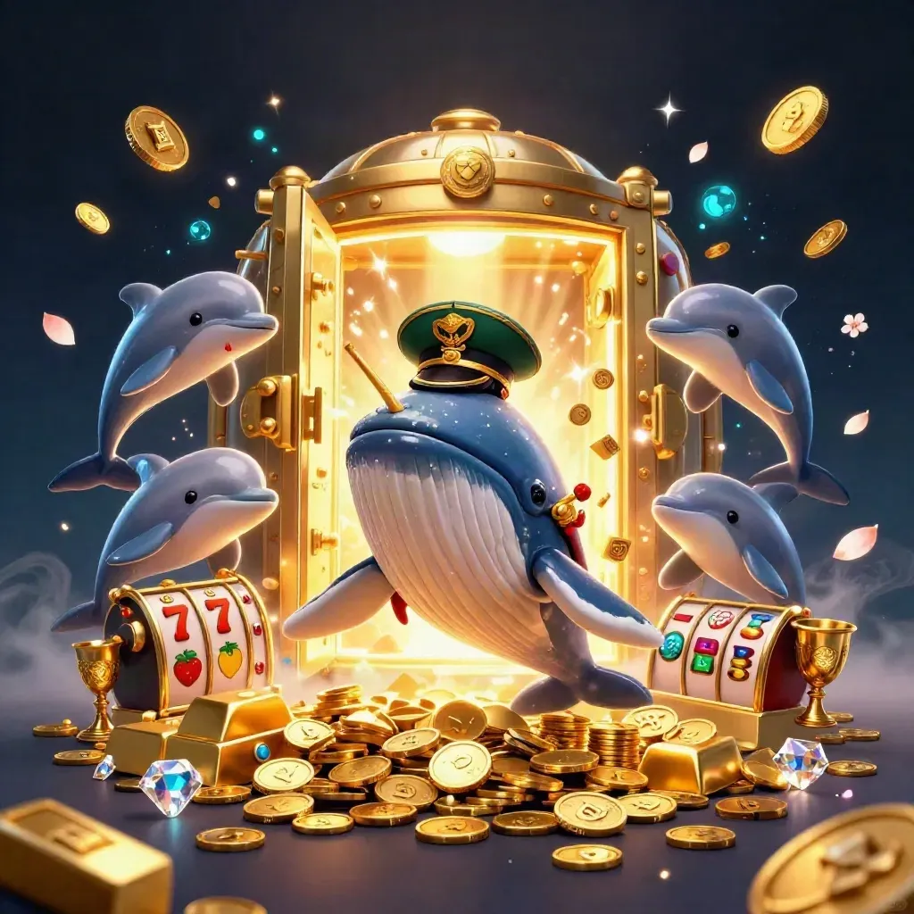 Whale captain, narwhal, and dolphins burst through coins beside a glowing vault and casino symbols.