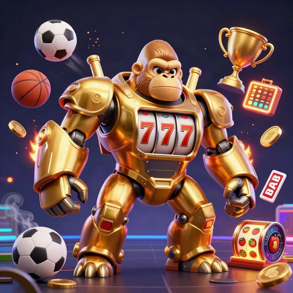 Golden gorilla slot-mech with tiny pilot, flying sports balls, coins, trophy, neon grid background