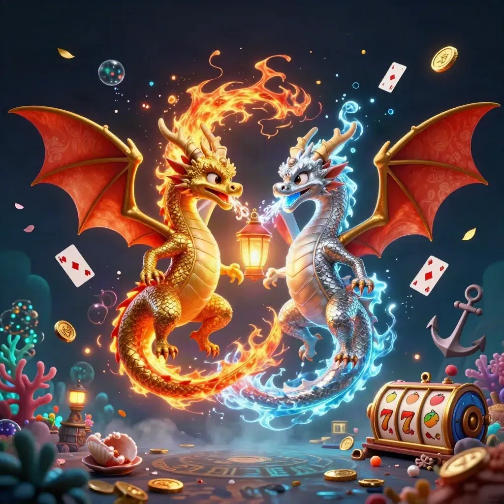 Twin gold and silver dragons spiral in yin-yang breath over treasure, reels, and glowing ocean relics.