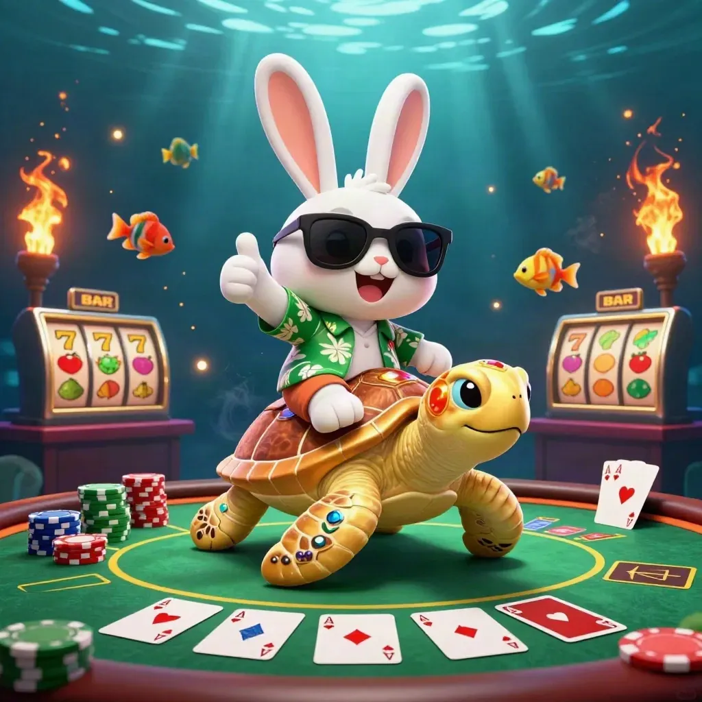 Cartoon rabbit on a golden sea turtle amid poker chips, cards, reels, and underwater glow.