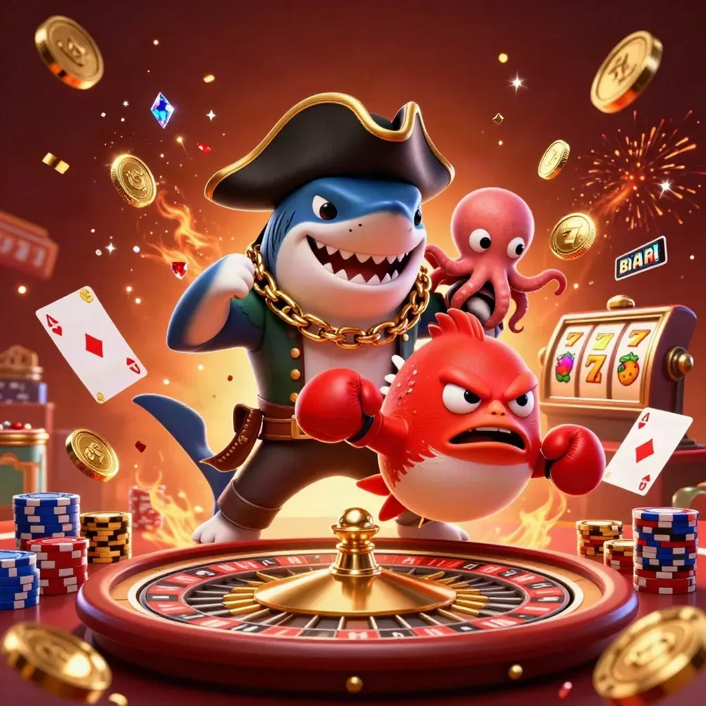 Pirate shark, boxing pufferfish, and juggling octopus amid coins, chips, roulette, and fireworks.