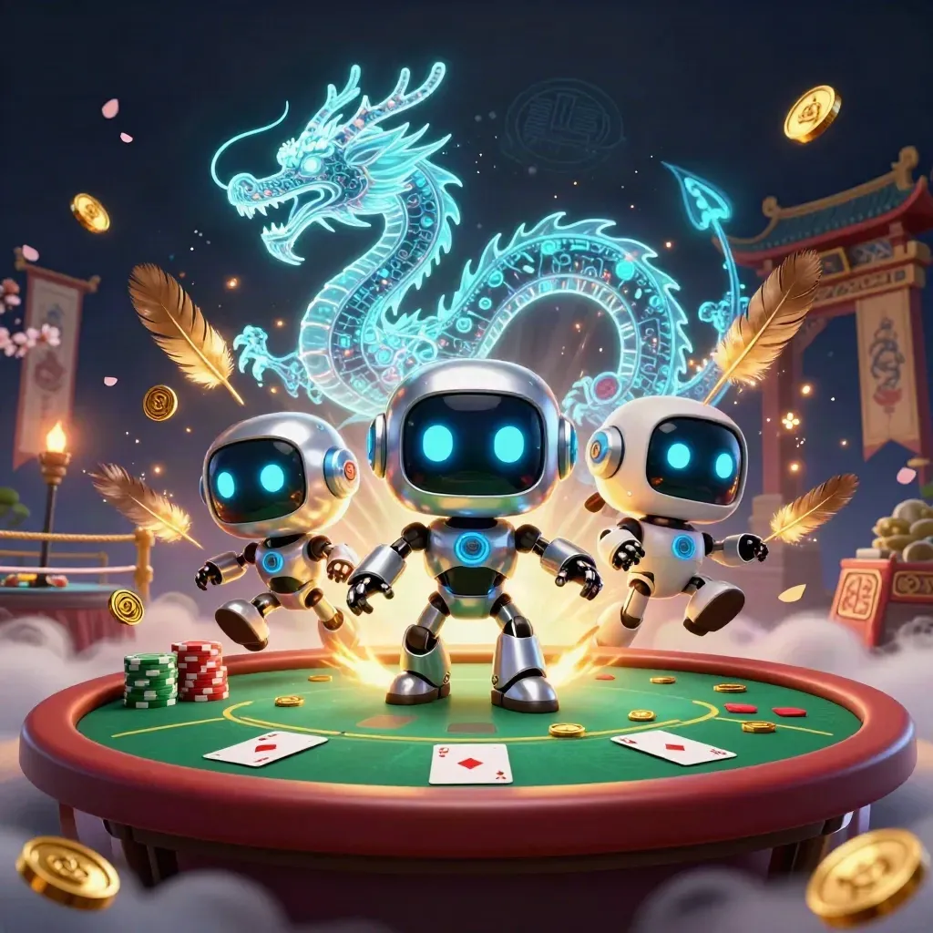 Cyberpunk robot, holographic dragon, and coin drone amid poker chips, coins, and temple lights.
