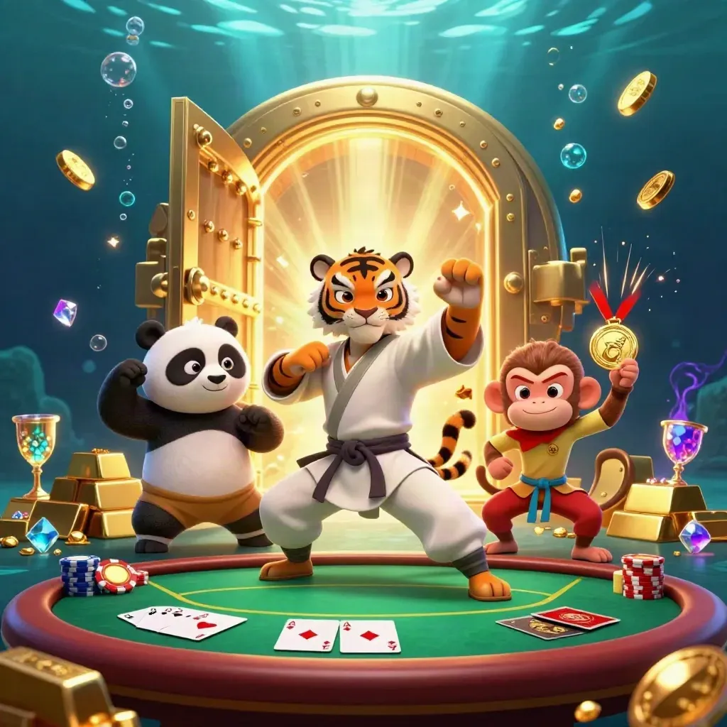Tiger, panda, and monkey in a gold vault amid poker chips, gems, and underwater glow.