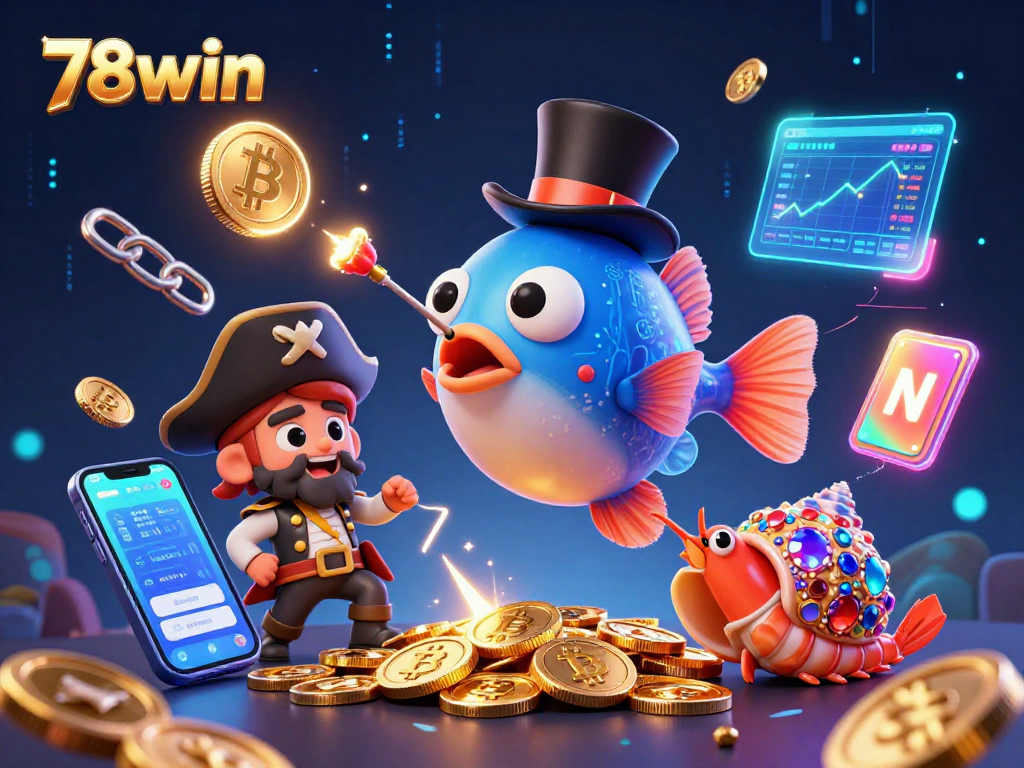 Engage with 78win's vibrant casino world featuring illuminated deep-sea characters and digital currency.