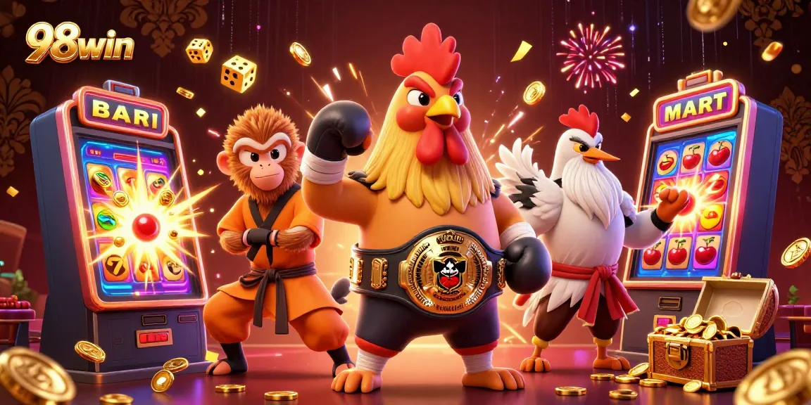 Experience exhilarating wins at 98win featuring a vibrant 3D casino scene with dynamic characters and golden treasures.