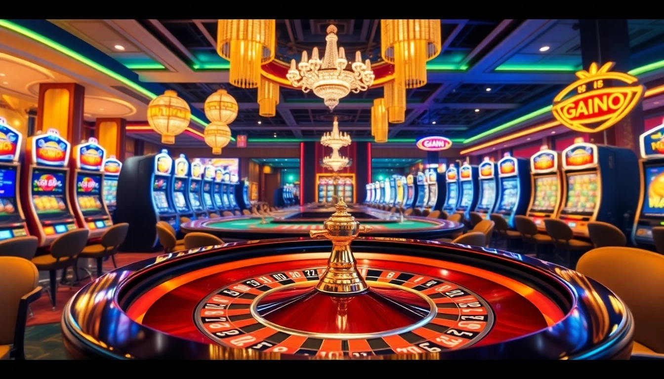 Thrilling casino gaming experience at 8k8 featuring vibrant tables and slot machines.