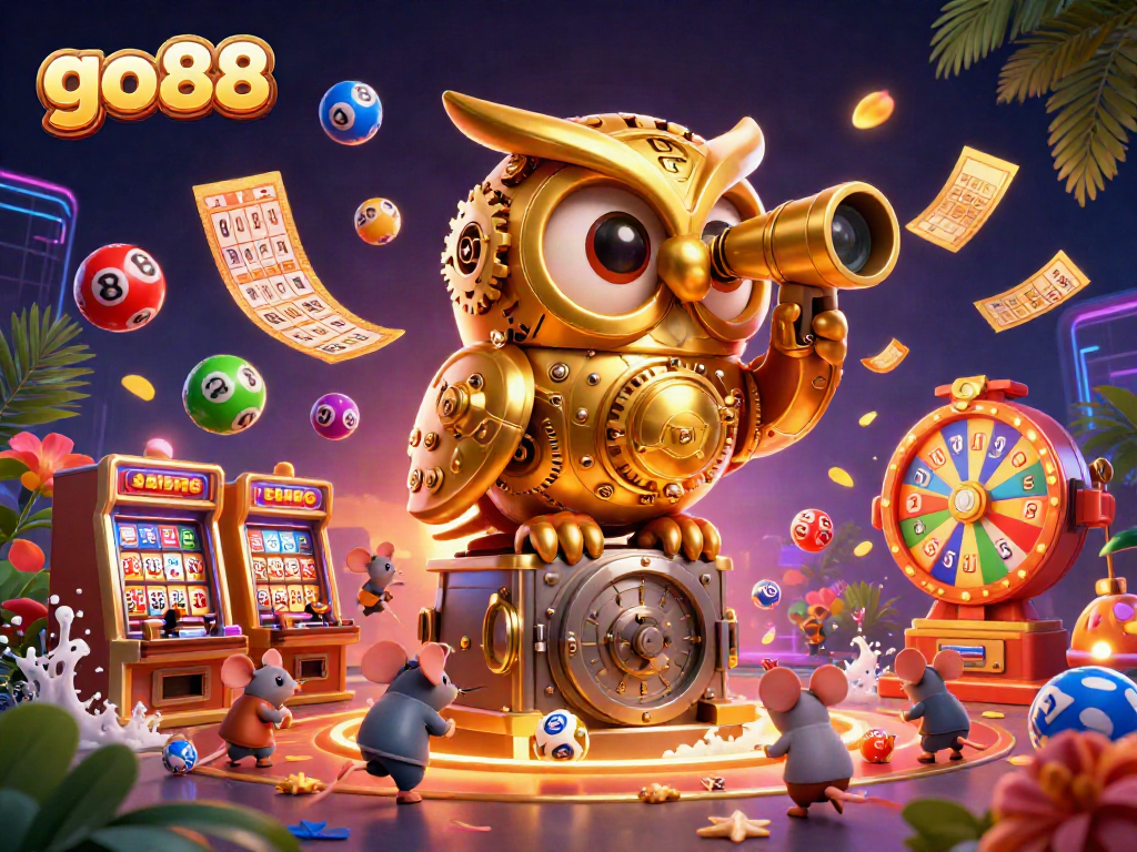 Engage with go88's exciting casino floor as our golden owl surveys lively slot machines and colorful lottery balls.