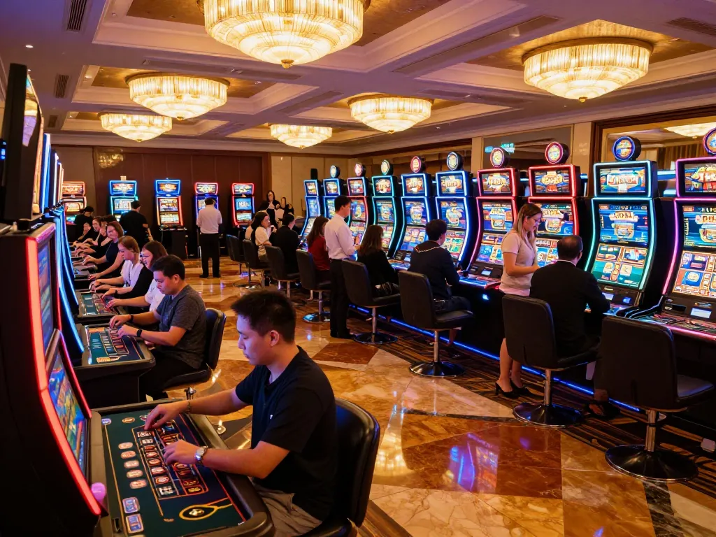 Experience vibrant gambling excitement at 78win with players enjoying slot machines and table games