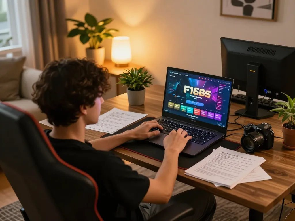 Engaging in online gambling with F168s on a laptop, highlighting a strategic gaming setup.