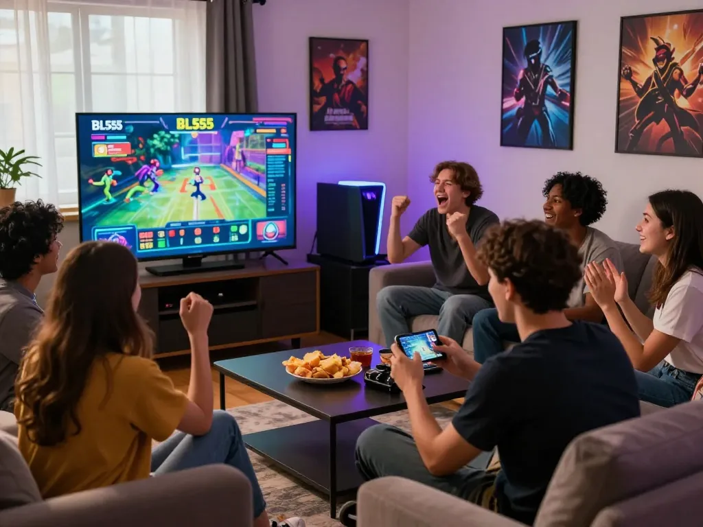 Friends enjoying a gaming session on BL555, capturing excitement and engagement in a lively atmosphere.