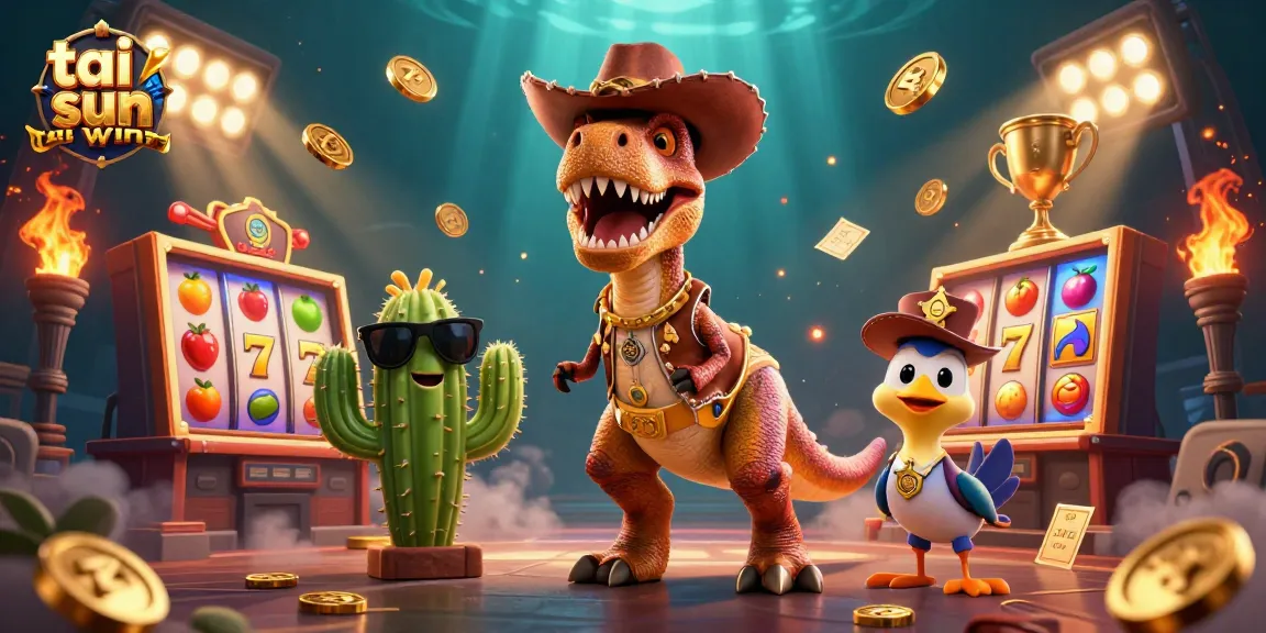 Engage with tai sun win in this dynamic casino scene featuring a T-Rex and vibrant game elements.