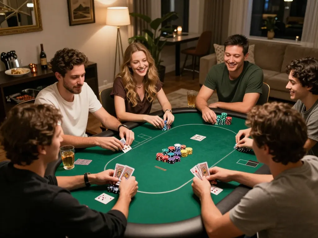 SC88 poker night showcasing players' intense strategy and camaraderie around a vibrant green felt table.