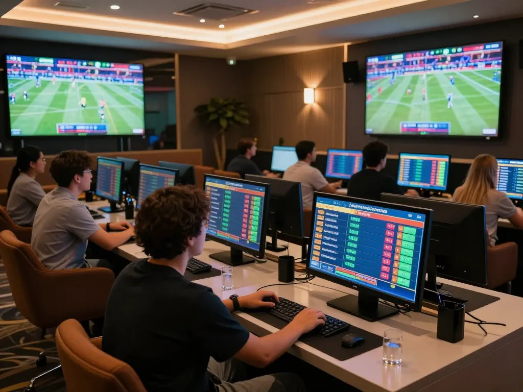 SC88 sports enthusiasts placing strategic bets in a luxurious betting lounge.