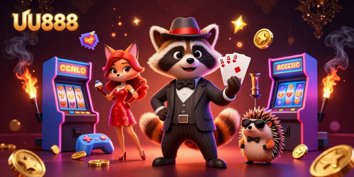 Engage with thrilling slots action at UU888; suave raccoon holds a royal flush in vibrant casino scene.