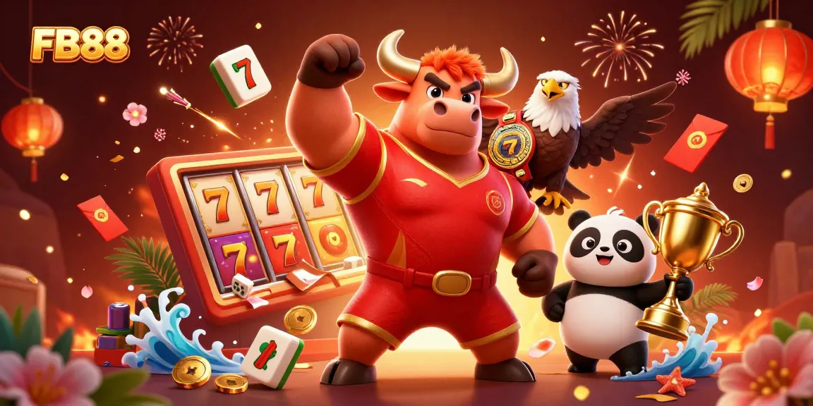 Celebrating FB88's gaming spirit with a victorious bull, eagle, and panda amidst vibrant casino elements.