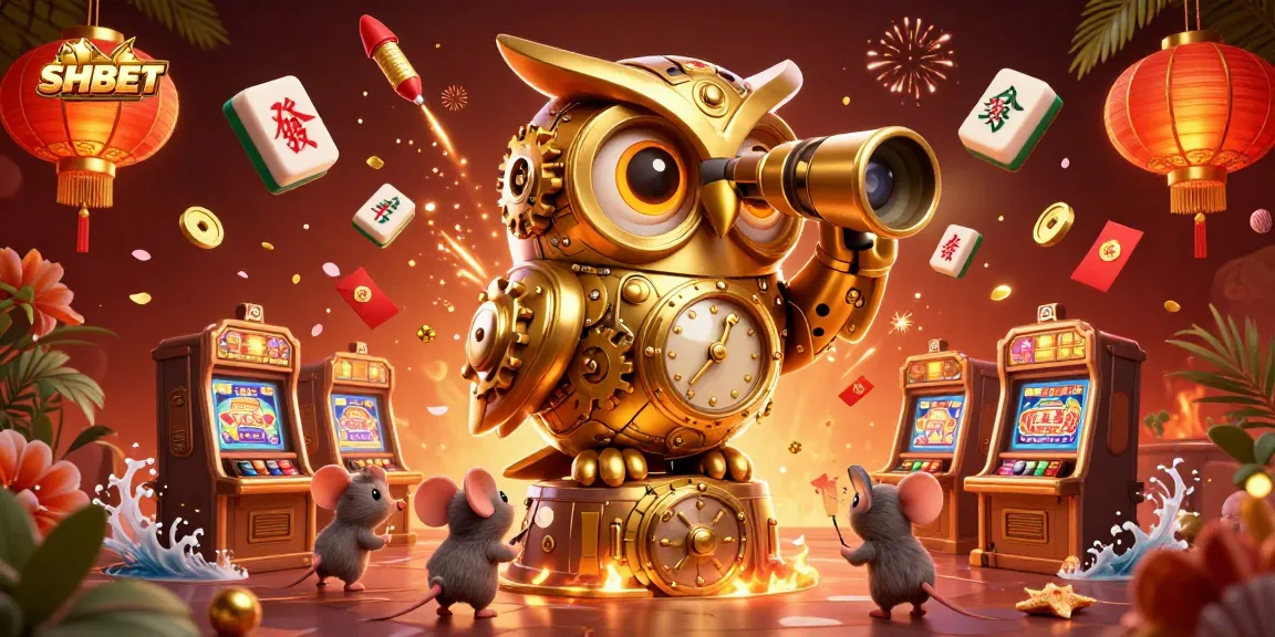 Engage with SHBET's vibrant casino atmosphere featuring an ornate golden owl and animated gambling elements.