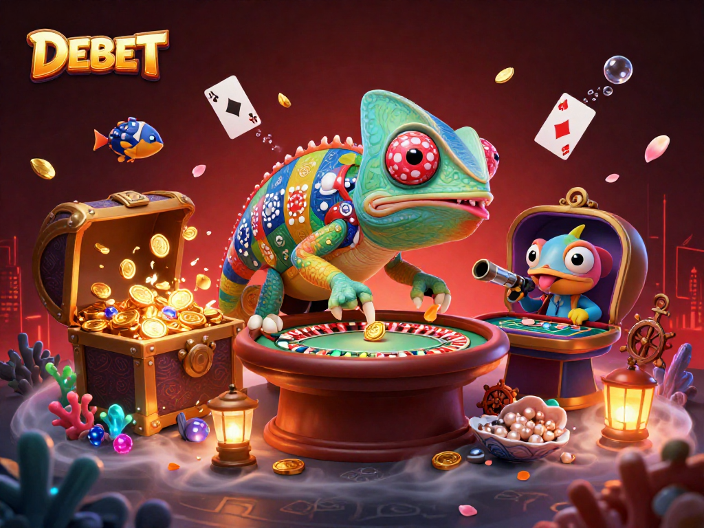 Join DEBET for a thrilling gaming experience with colorful poker chip chameleon owner capturing golden coins!