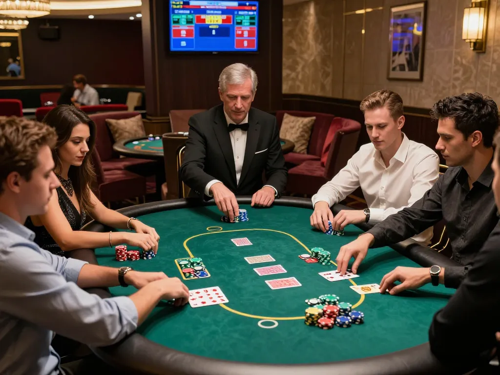 Engaging scene at 8kbett.dev casino with players enjoying poker and vibrant atmosphere.