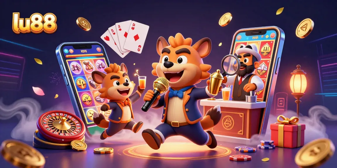 Engage in thrilling casino action at lu88 with hyenas hosting a comedy club, adorned with vibrant gaming elements.