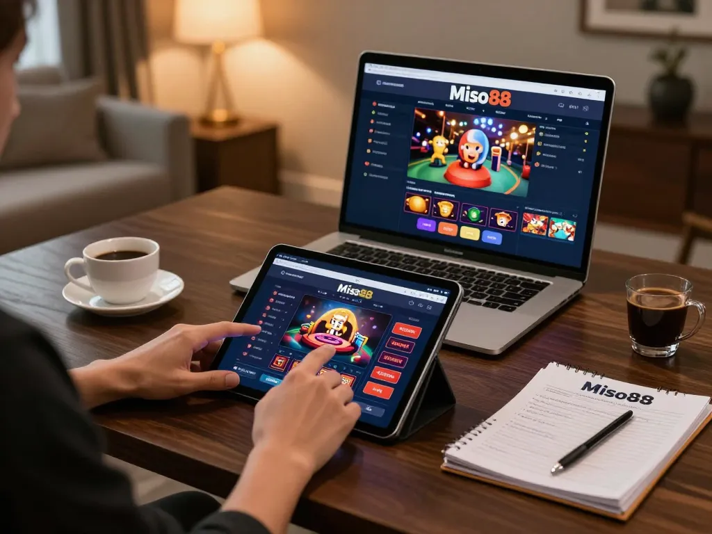 Miso88 player engaging with online casino games on tablet surrounded by cozy home decor.