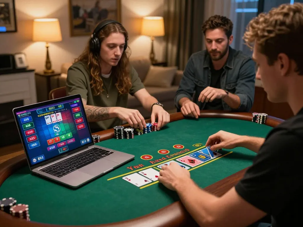 DAGA players strategizing and betting during an exciting online blackjack game in a cozy home setting