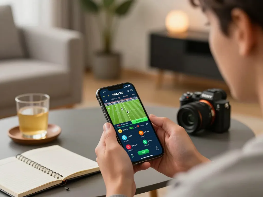 lu88 user placing sports bets on mobile app during game, dynamic betting atmosphere, strategic engagement