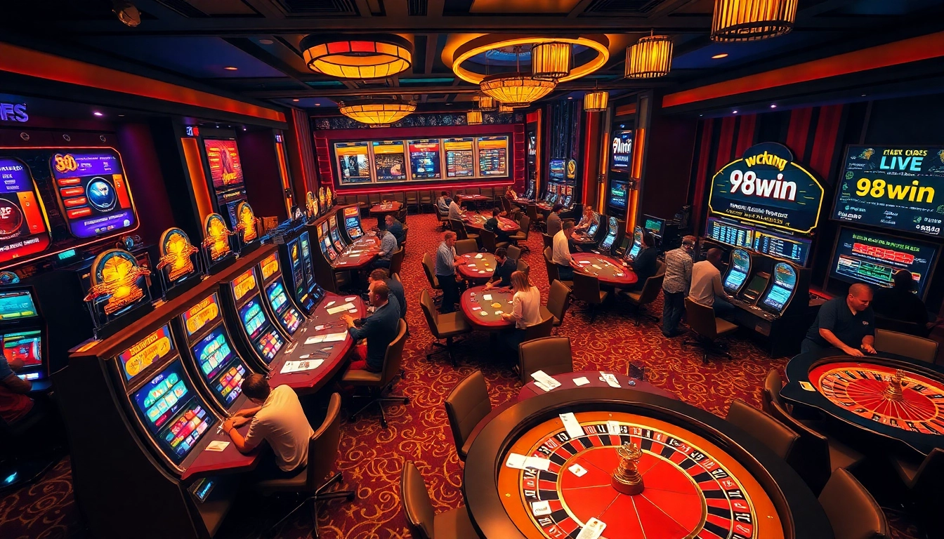 Experience the excitement of 98win in a vibrant casino filled with slot machines and poker games.