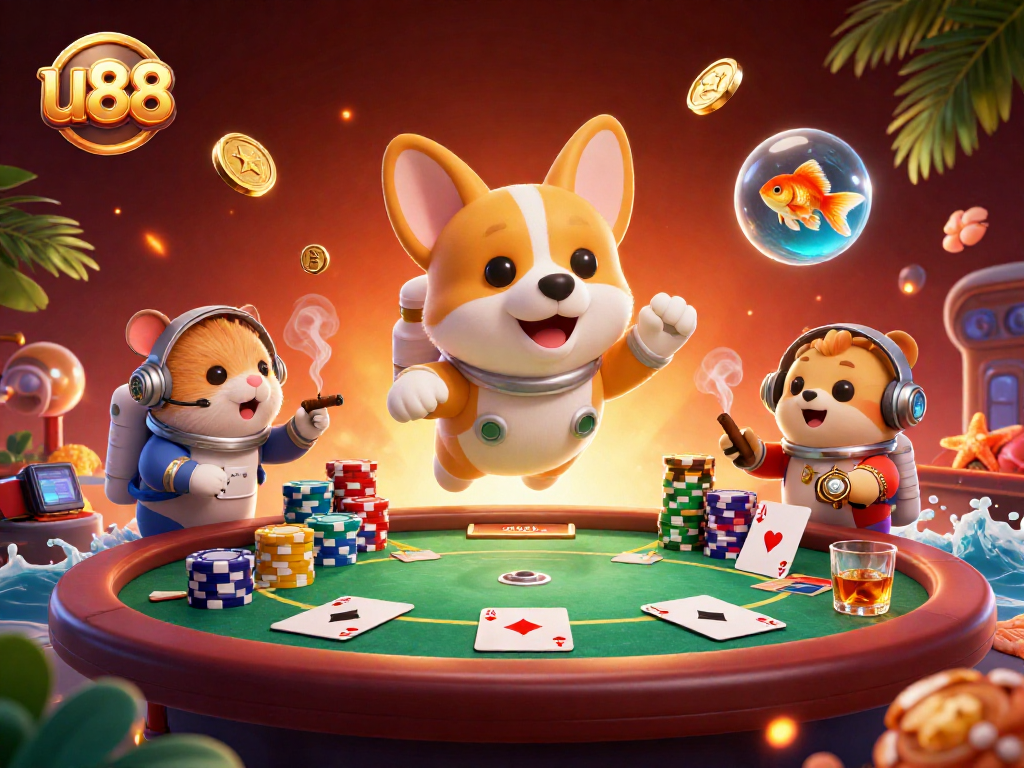 Engage in thrilling casino gameplay with u88's vibrant space-themed illustration featuring a corgi and hamster.