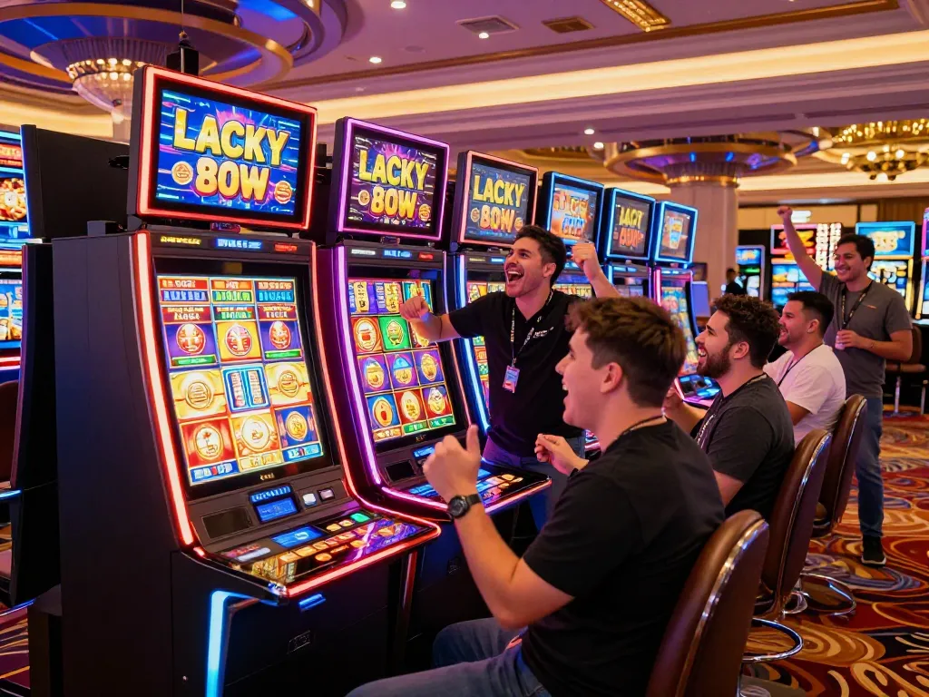 Players celebrating wins on the Lucky 88 slot machine in an exciting casino atmosphere.