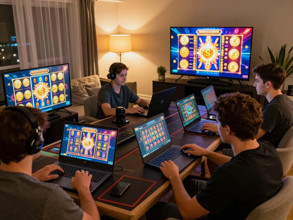 Players engaging in online casino gaming on o8, enjoying interactive experiences on devices surrounded by vibrant graphics.