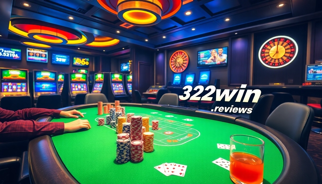 Players enjoying a vibrant poker game at 32win.reviews casino with colorful chips and exciting atmosphere.