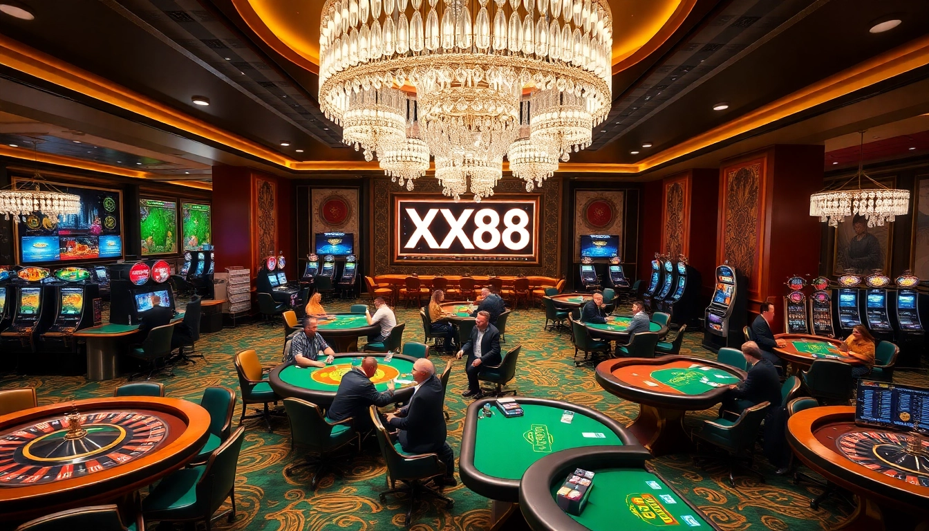Experience thrilling action at XX88 casino with vibrant gaming tables and excited players.
