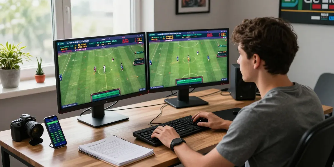 Soi keo nha cai: Engaged bettor analyzing live match stats with dual screens in a vibrant sports betting office.