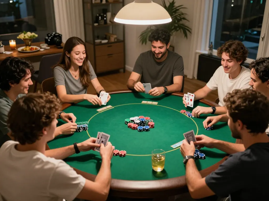 Friends enjoying a thrilling poker night at home, showcasing manclub camaraderie and strategic gameplay with vibrant chips and cards.