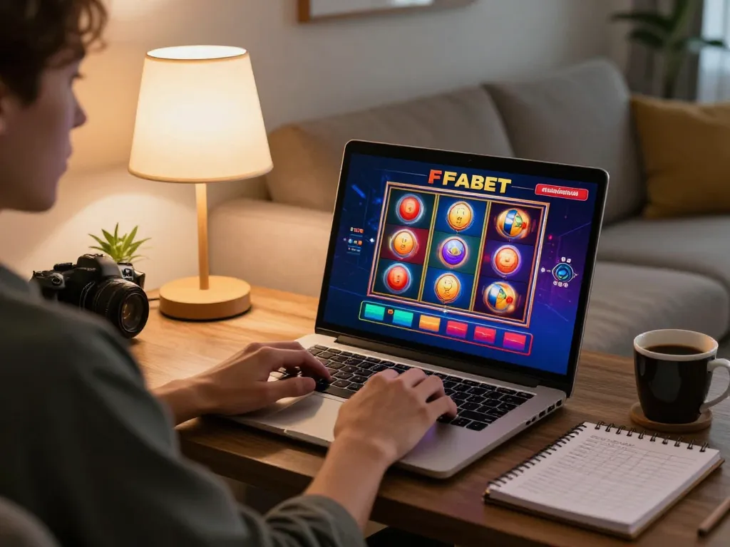Play Fabet casino games on a laptop in a cozy modern living room with strategic betting noted.