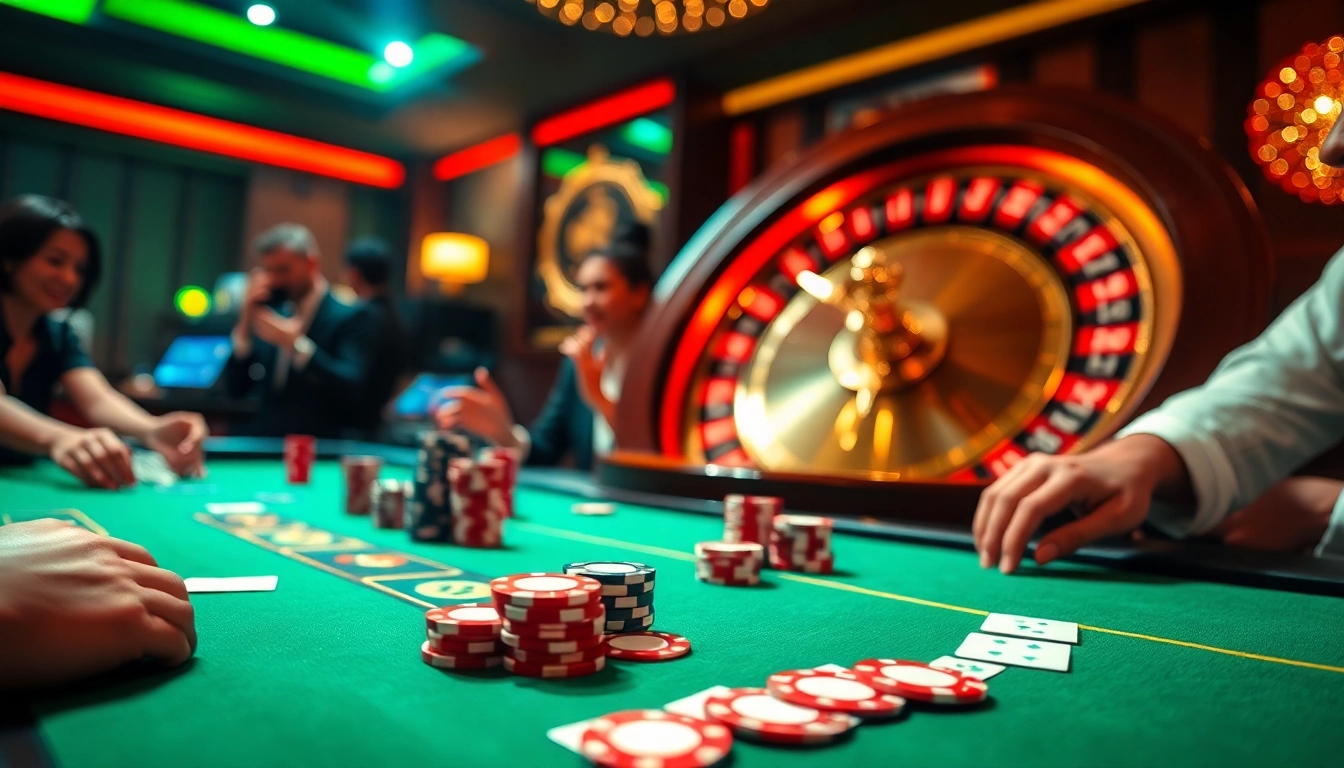 Excited players at a poker table with chips and cards on abc88.app, showcasing luxury gambling ambiance.