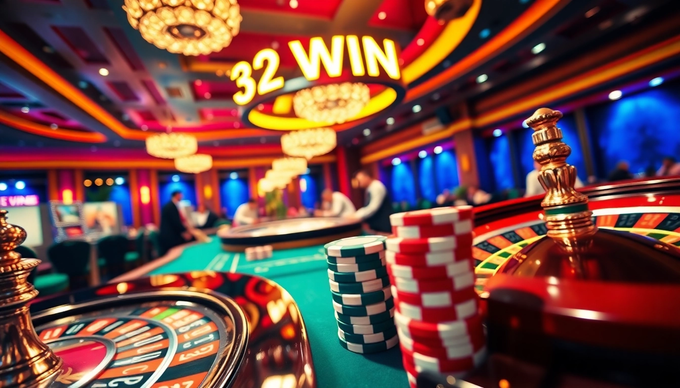 Players celebrate their wins at a casino table while showcasing the enticing banner "32 WIN" in the background.
