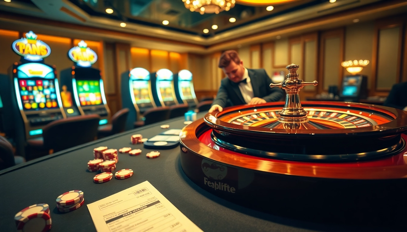 Placing bets at a luxurious casino table on https://goal123.ac/ featuring poker chips and a roulette wheel.