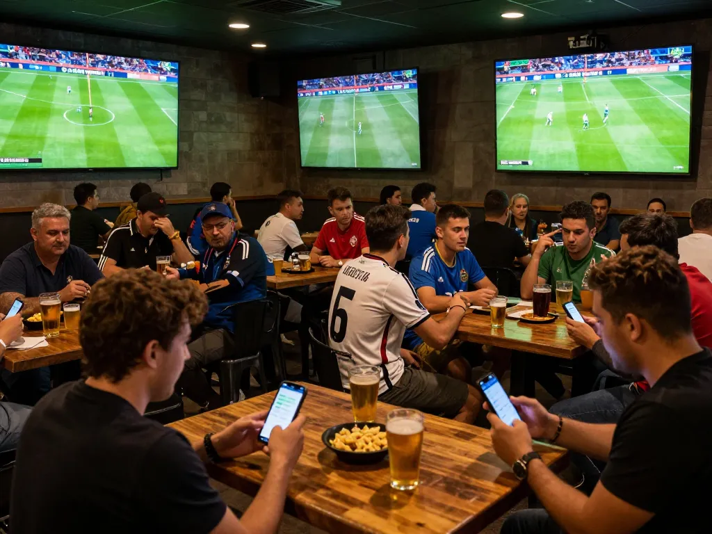 Cakhia patrons enjoying live soccer matches while engaging with betting apps in a lively sports bar atmosphere.