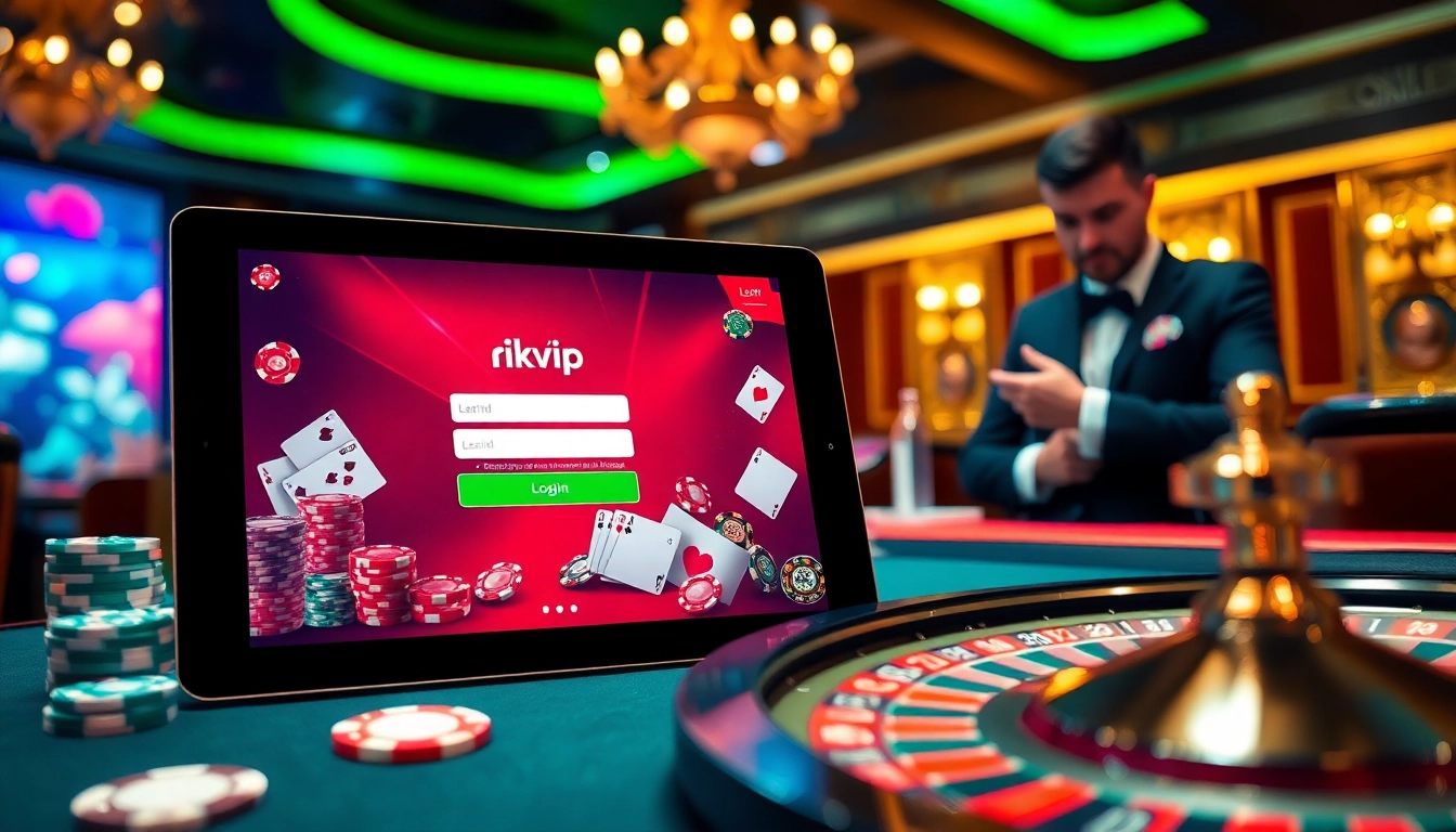 Engage in thrilling games at rikvip đăng nhập with vibrant casino graphics, poker chips, and roulette.