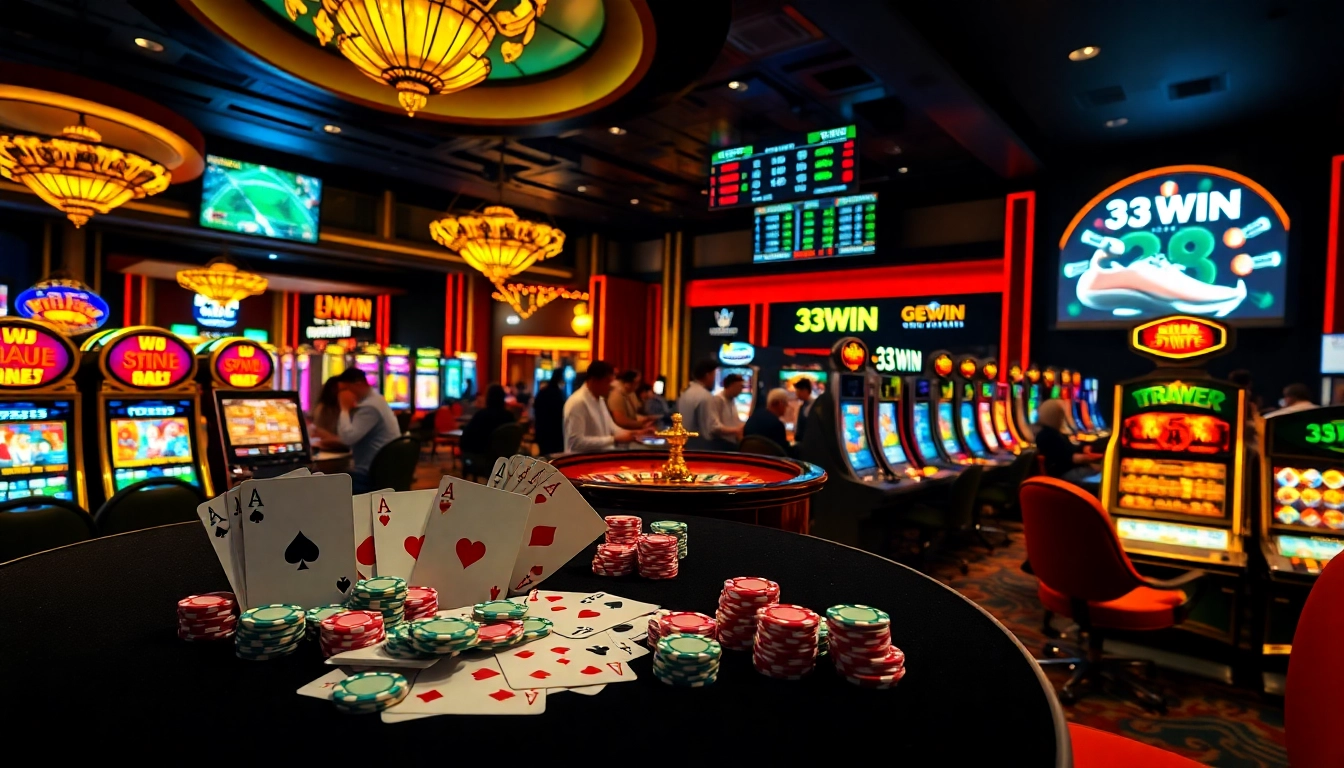 Gamblers enjoying a luxurious casino experience with 33WIN branding, poker chips, and roulette wheel.