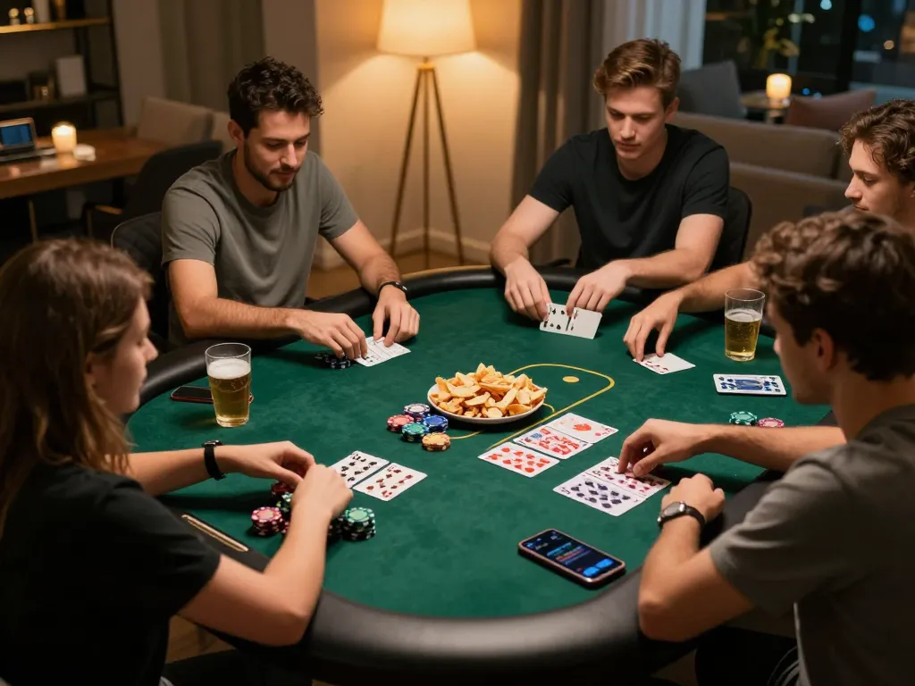 Friends enjoying a poker night at home, captured during gameplay with fun79 chips and cards visible.
