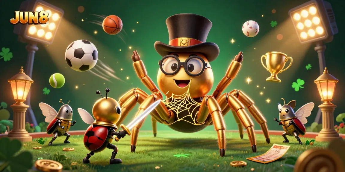 Experience JUN88's thrilling gambling world with a vibrant scene of animated casino characters and dynamic game elements.