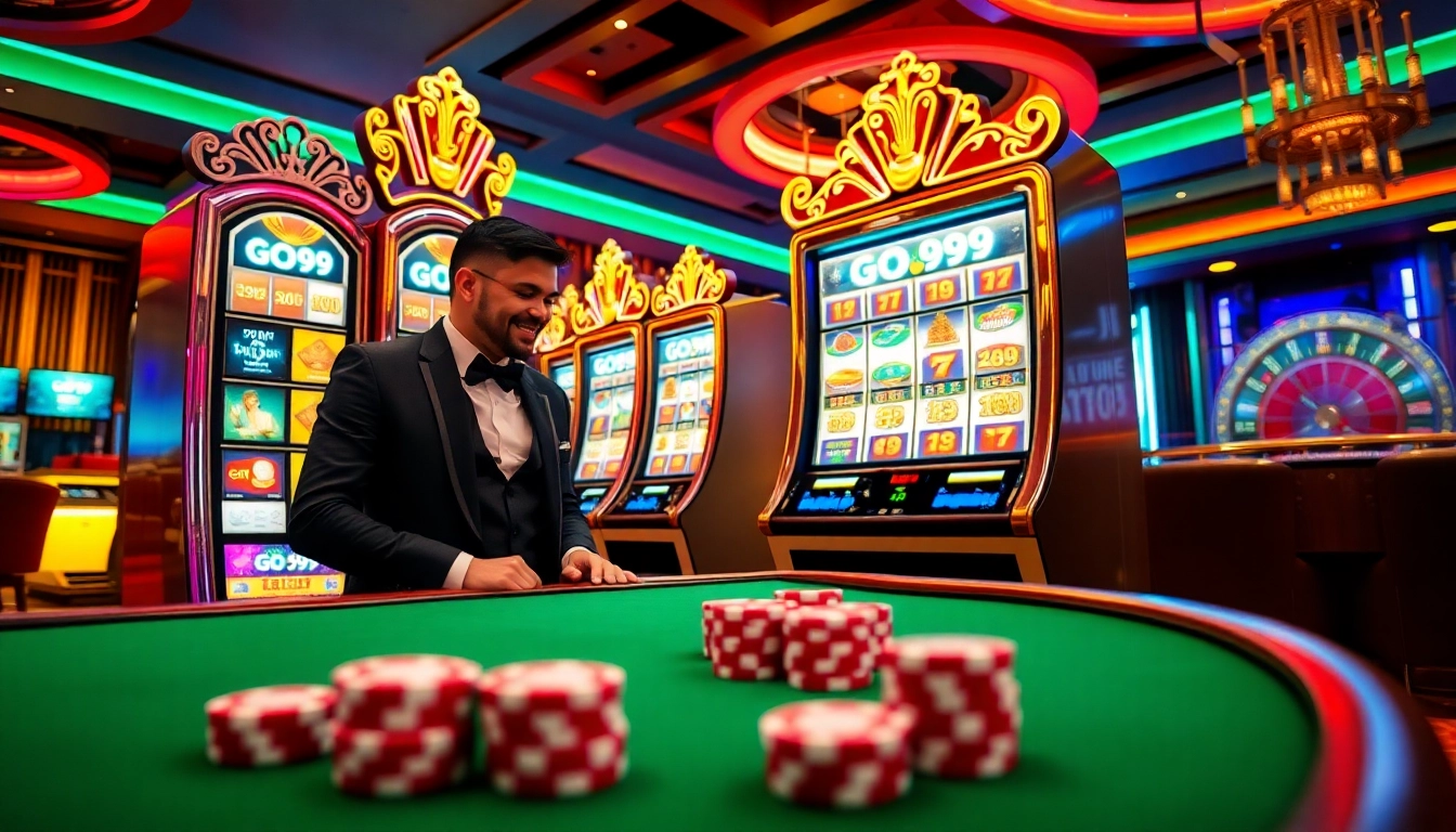 Engaging with the GO99 slot machine amidst the vibrant casino atmosphere.