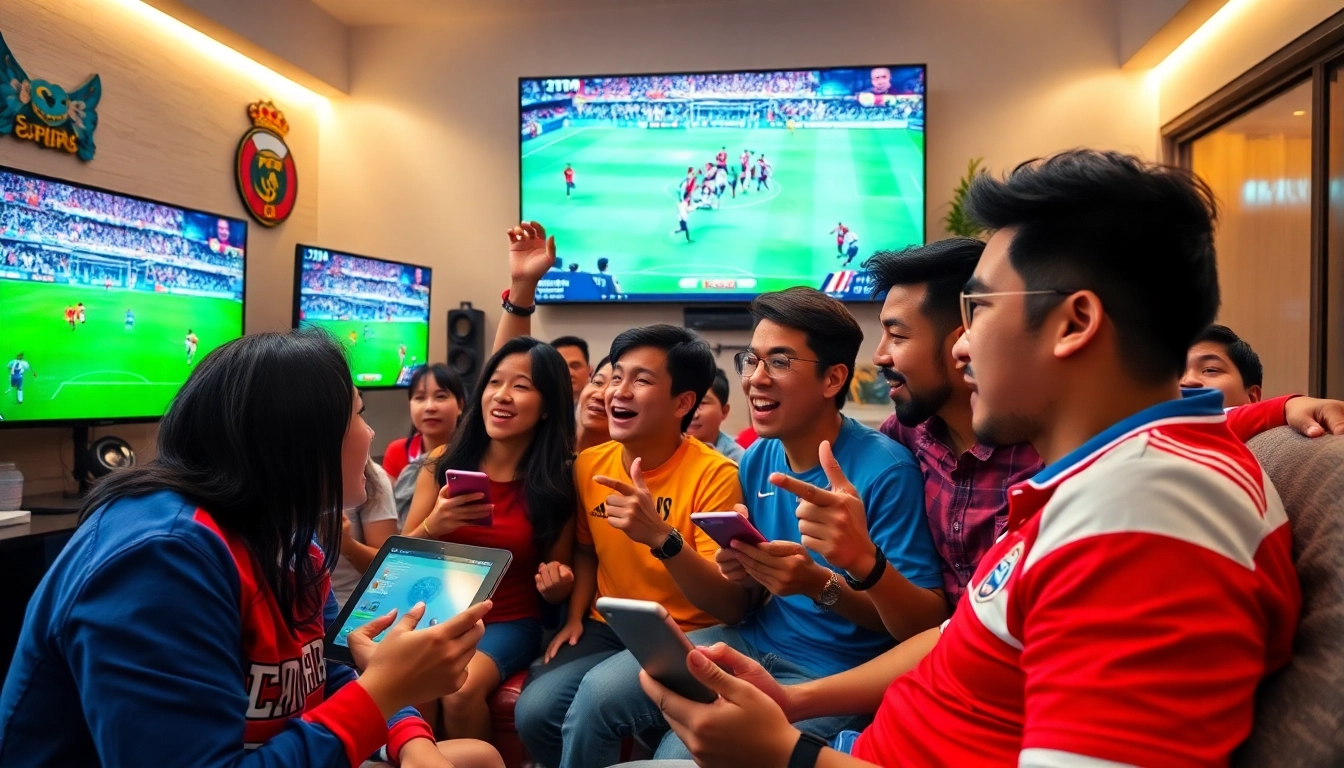 Excited fans watching live matches on Luong Son TV in a vibrant sports environment.