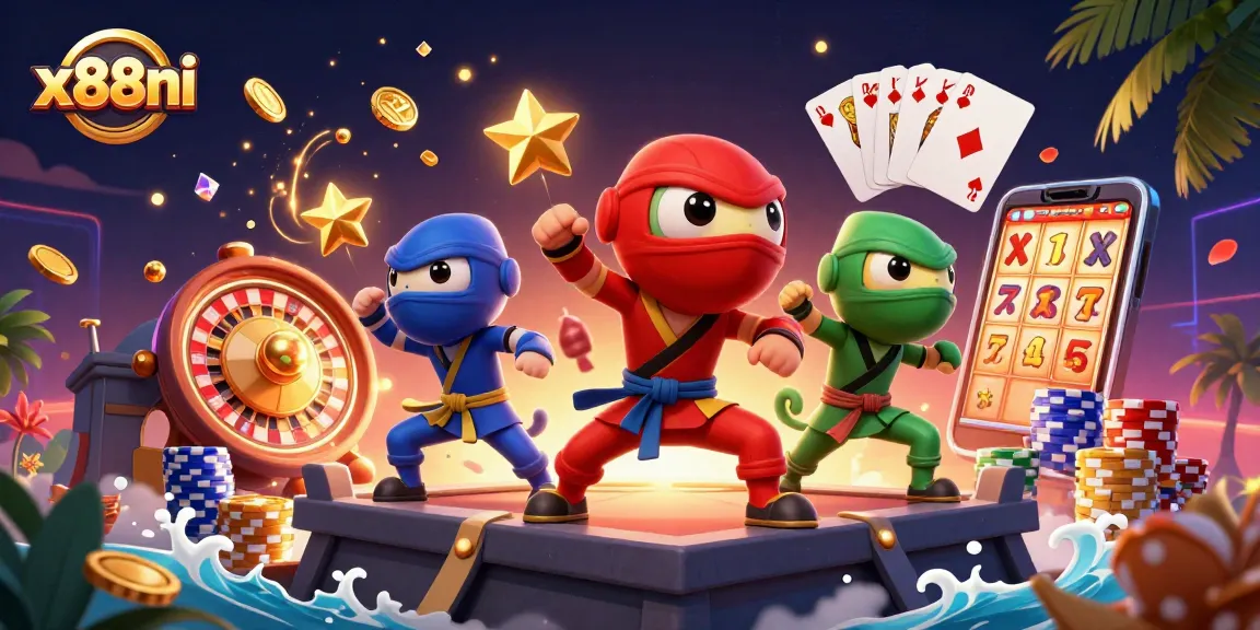 Engage in thrilling casino action with x88ni's vibrant 3D illustration featuring ninja chameleons and gaming elements.