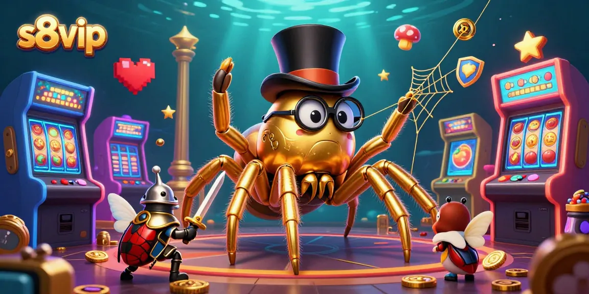 Surrender to the excitement of s8 vip gaming with a vibrant scene featuring a golden tarantula weaving its web in a casino.